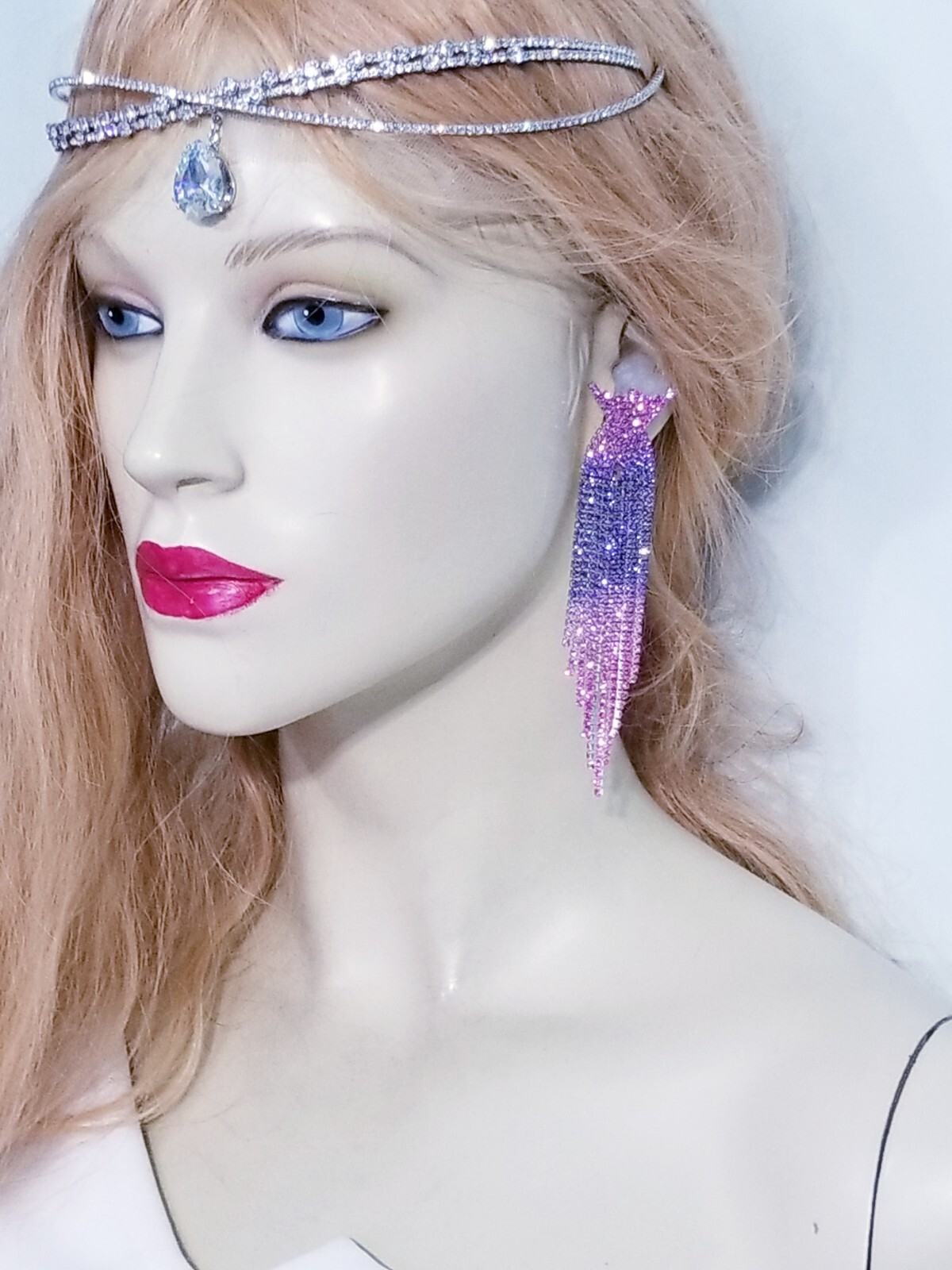 Purple Ombre Rhinestone Dangle Drop Chandelier Earrings 4 inch Bridal Jewelry
