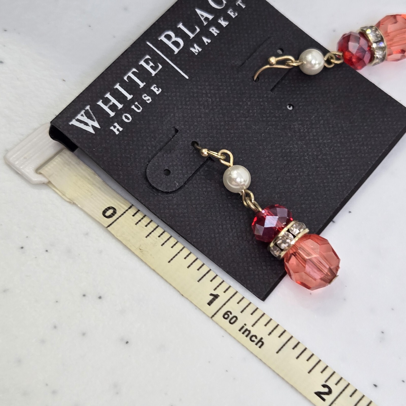 White House Black Market Earrings Drop Coral Pink Beaded Dangle Rhinestone AB