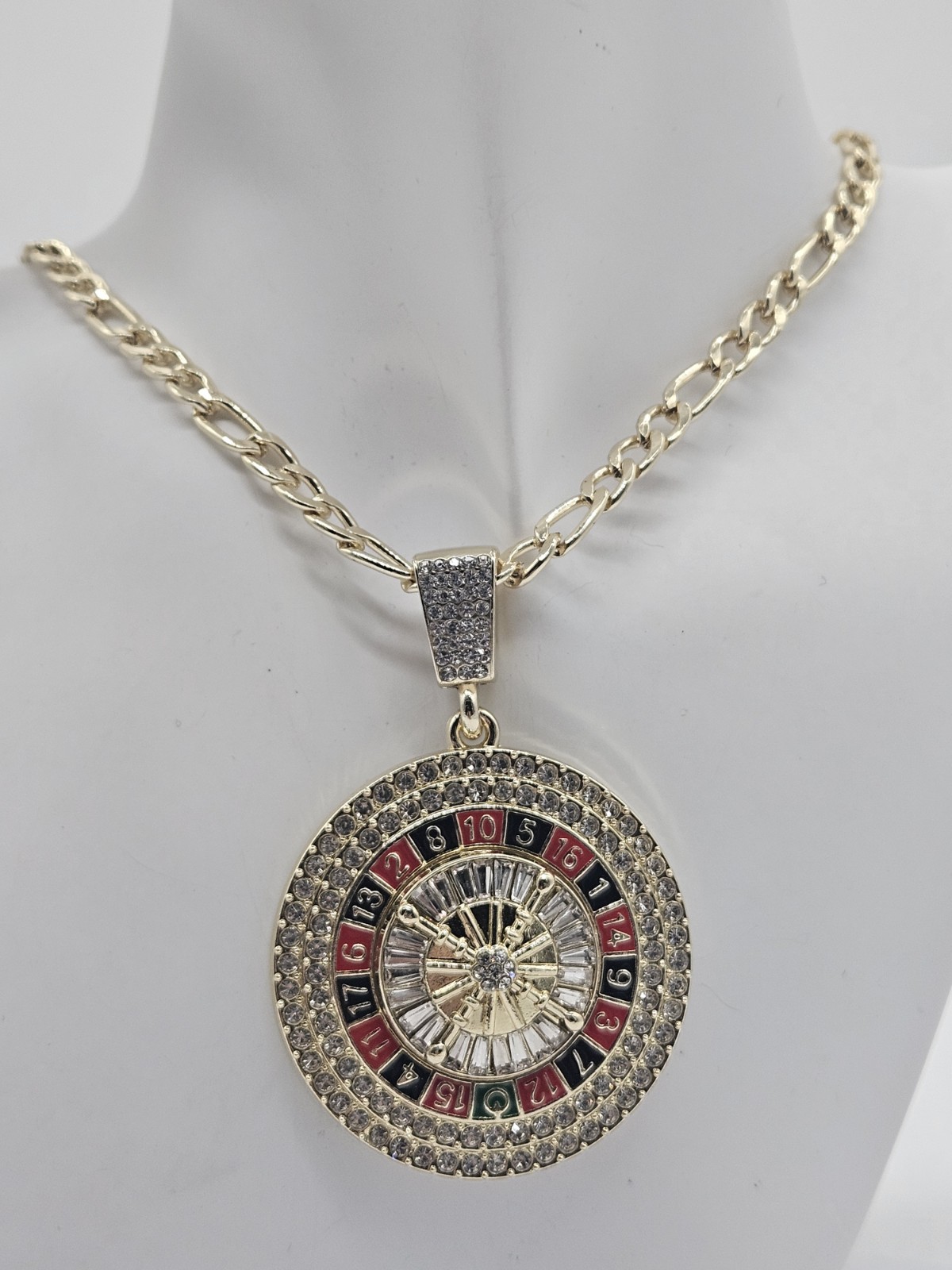 Gold Tone Roulette Wheel Pendant Necklace Iced Casino Chain Hip Hop Jewelry