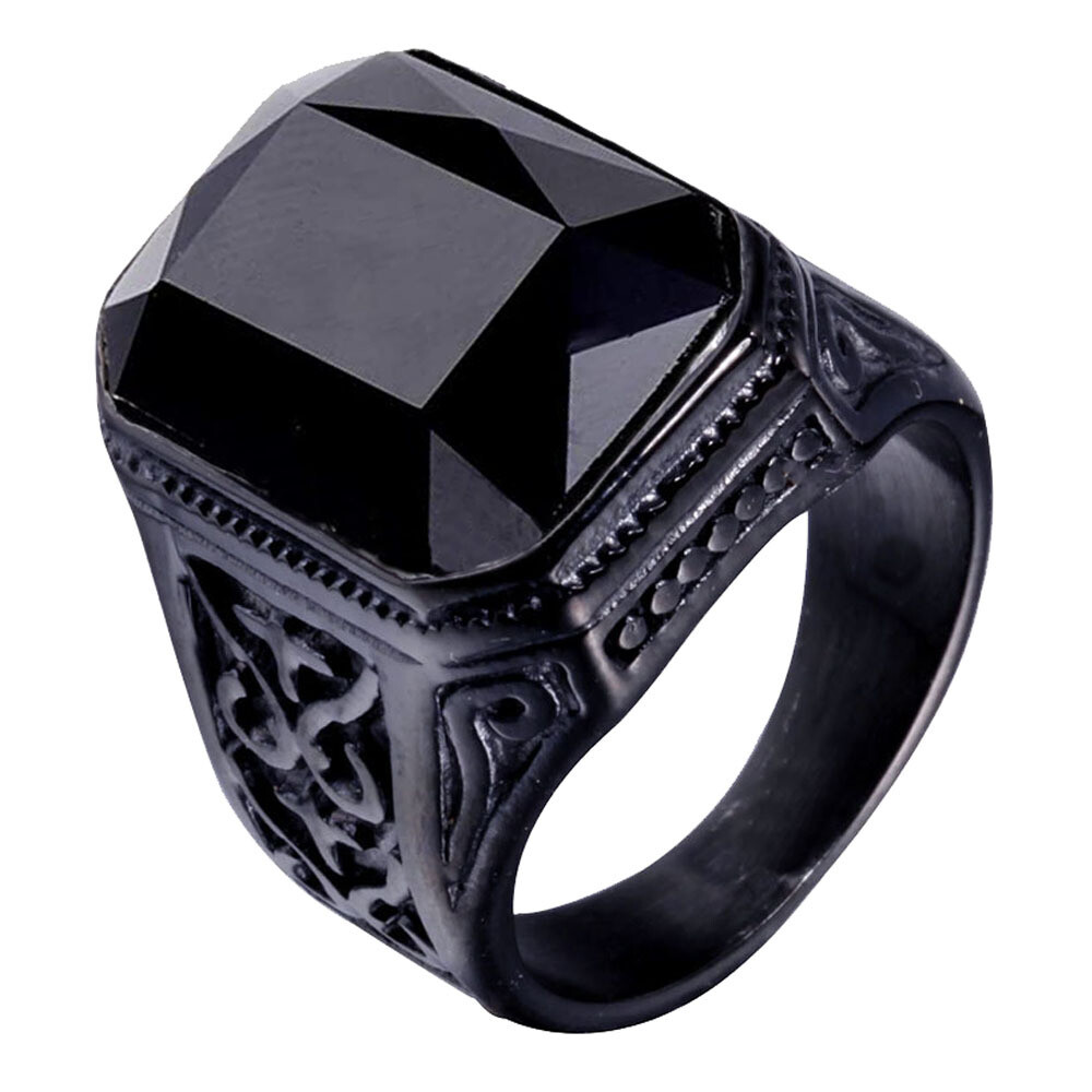 Men Big Stone Ring Stainless Steel Vintage Wedding Promise Cocktail Party Biker