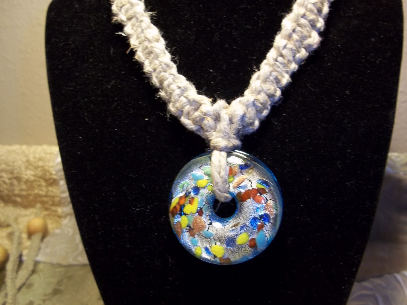 Handmade 17 1/2 Inch FAT HEMP Necklace BLUE Glass ROUND Pendant GOTH Hobo H-111