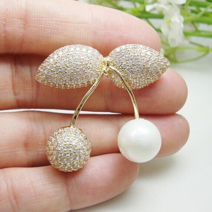 1Ct Round Cut Simulated Diamond & Pearl Cherry Brooch Pin 14K Yellow Gold Plated