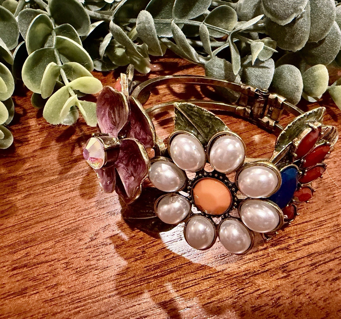 Vintage Floral Hinged Bracelet Statement Clamper Enamel Flowers Faux Pearls