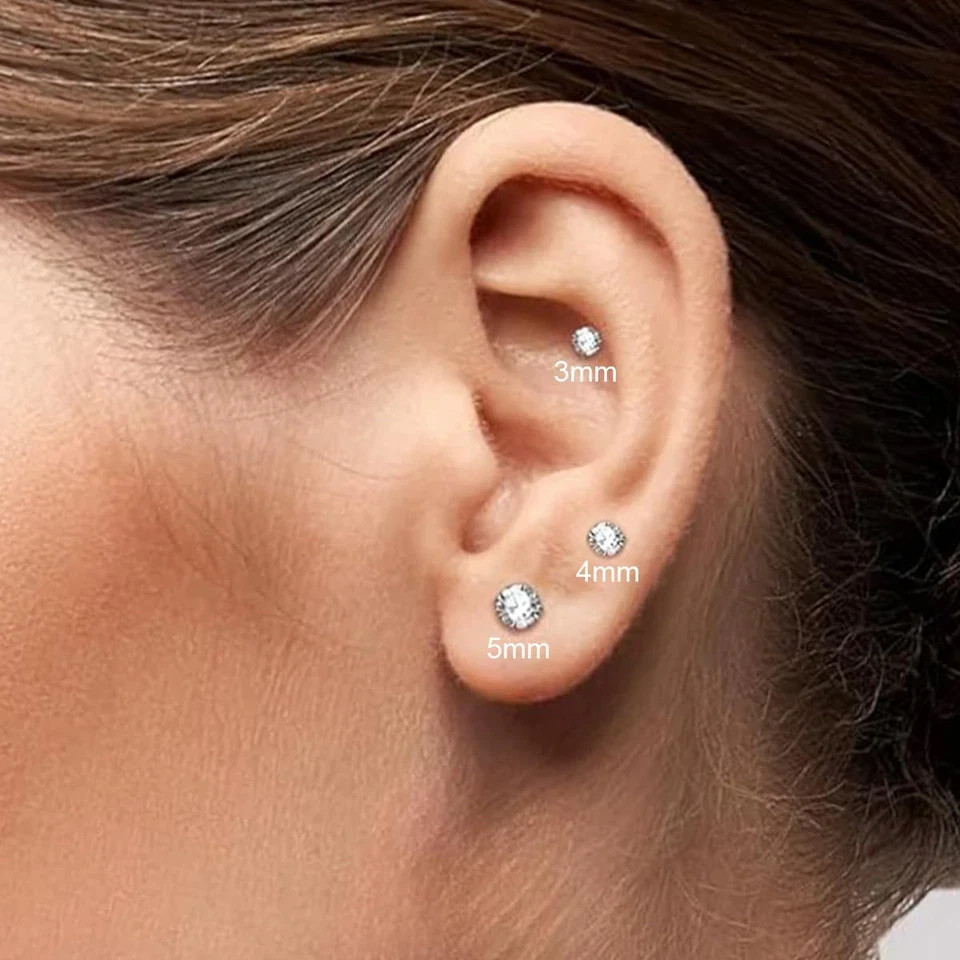 3 Pairs Flat Back Stud Earrings Set 14K Gold Hypoallergenic CZ 3/4/5Mm