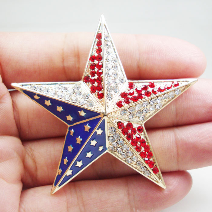 Gold Tone American Flag Brooch Pin Star Clear Rhinestone Crystal Pentagram