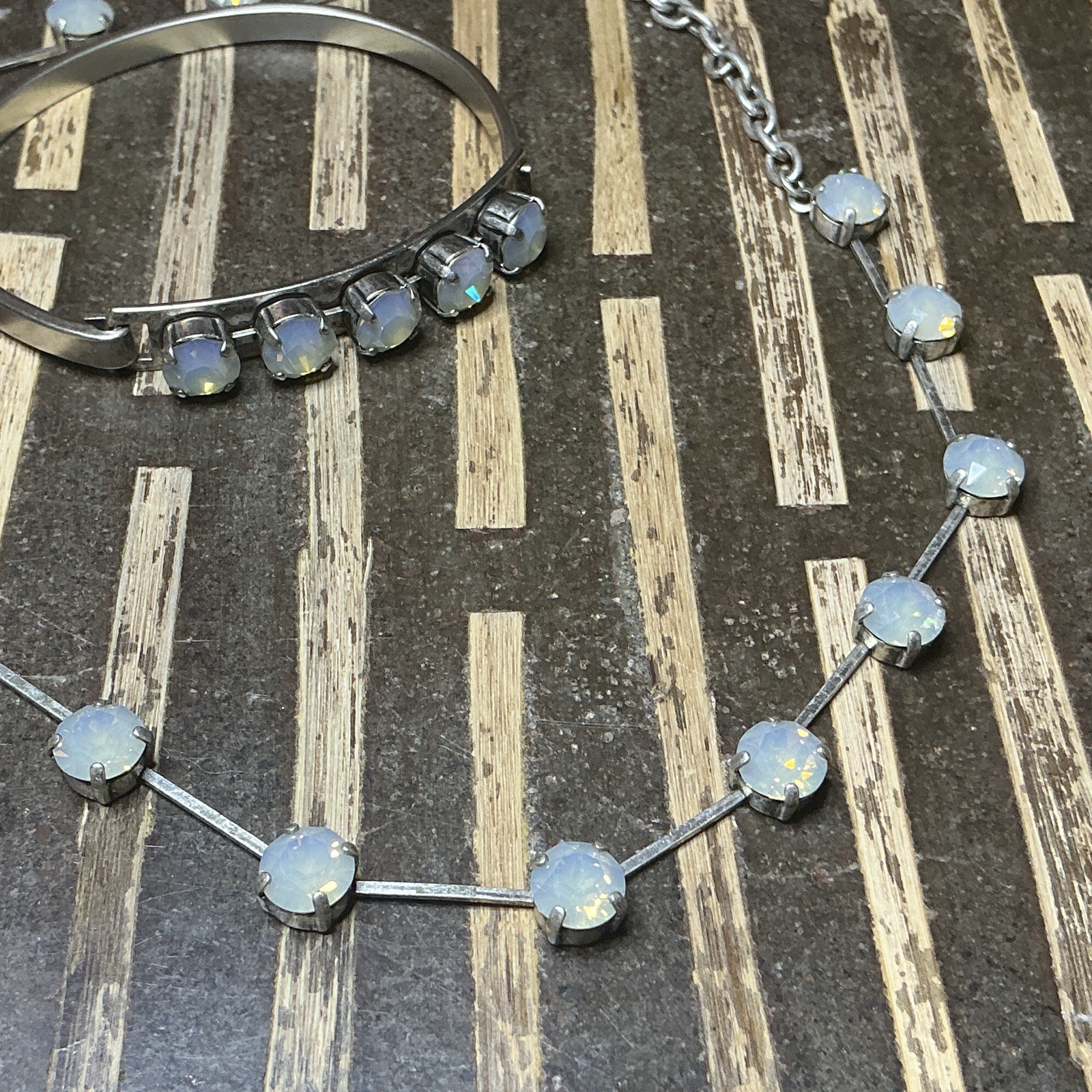 Vintage RMD Opal Glass Cabochon Necklace & Hinged Bracelet Silver Tone Set