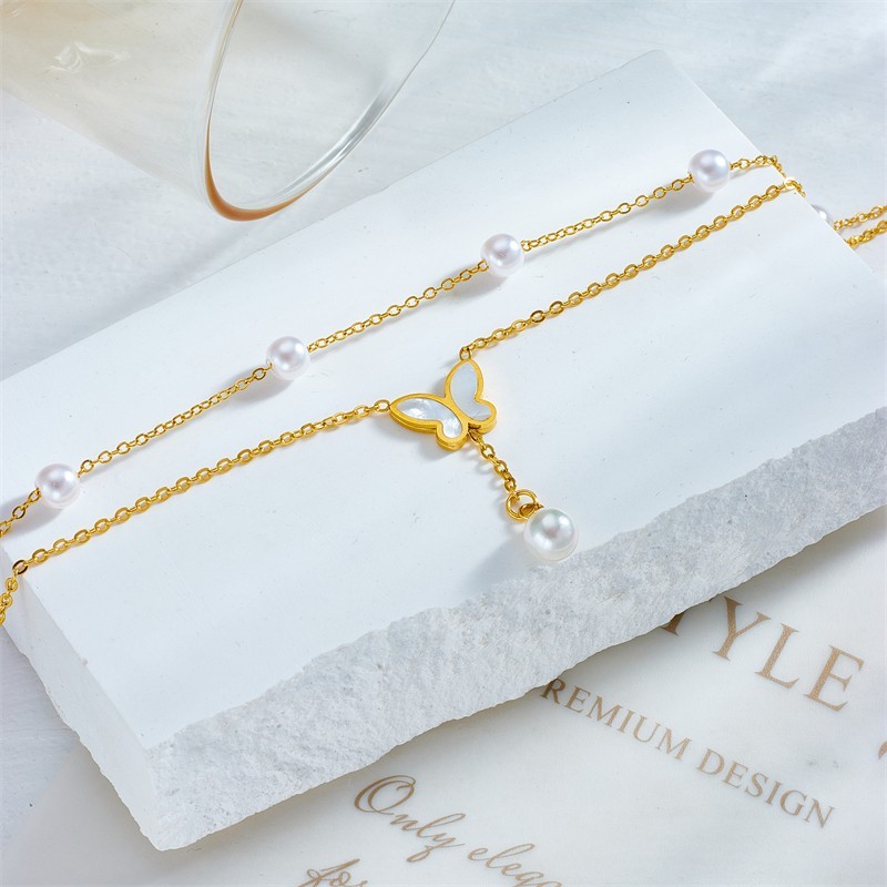 Gold Tone Butterfly Faux Pearl Anklet Adjustable Stainless Steel Chain Foot
