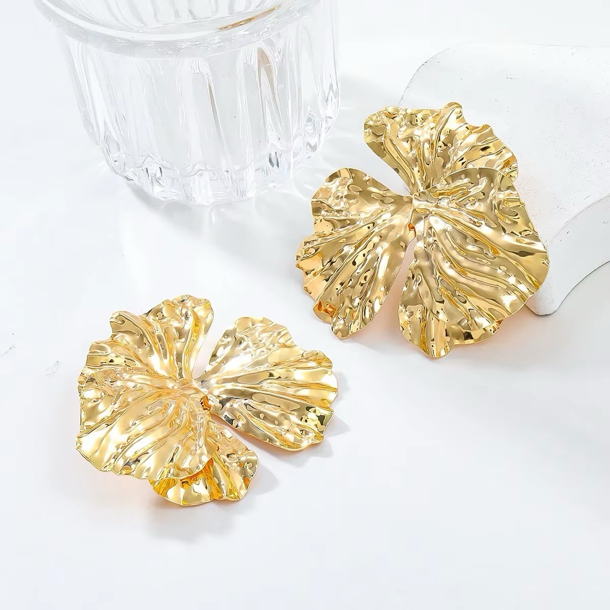 Zara Flower Earrings Hammered Gold Petal Stud Statement Exaggerated Textured