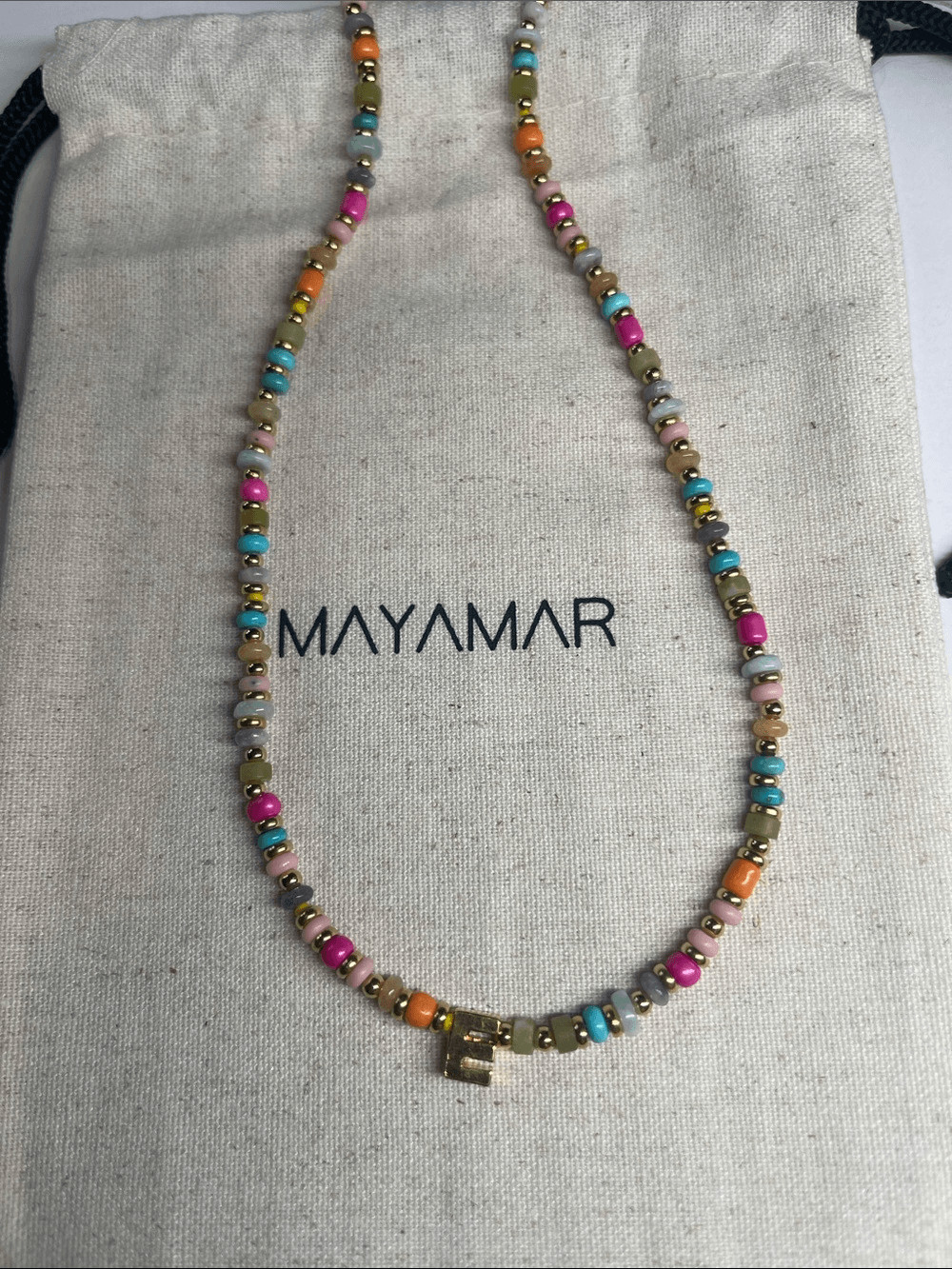 E’ Initial Pendant – Multicolor Beaded Necklace with Gold – by Mayamar