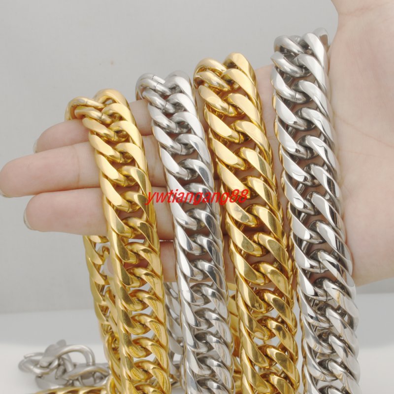 16/20mm 8″-40″ Silver/Gold 316L Stainless Steel Men Chain Curb Necklace Bracelet