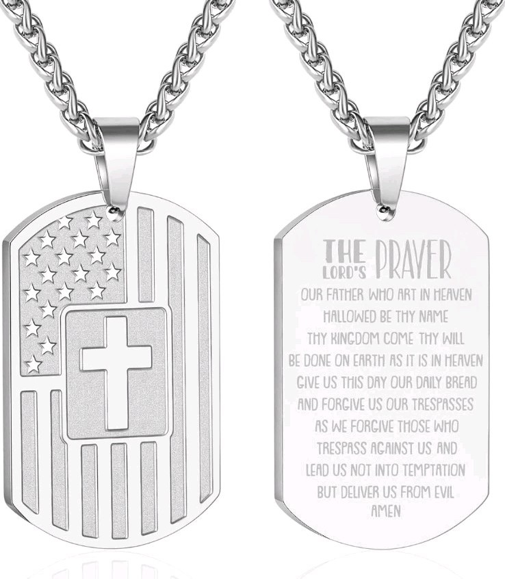 Dog Tag Cross Necklace for Men Boys, 24 Inches American Flag Bible Verse Pendant