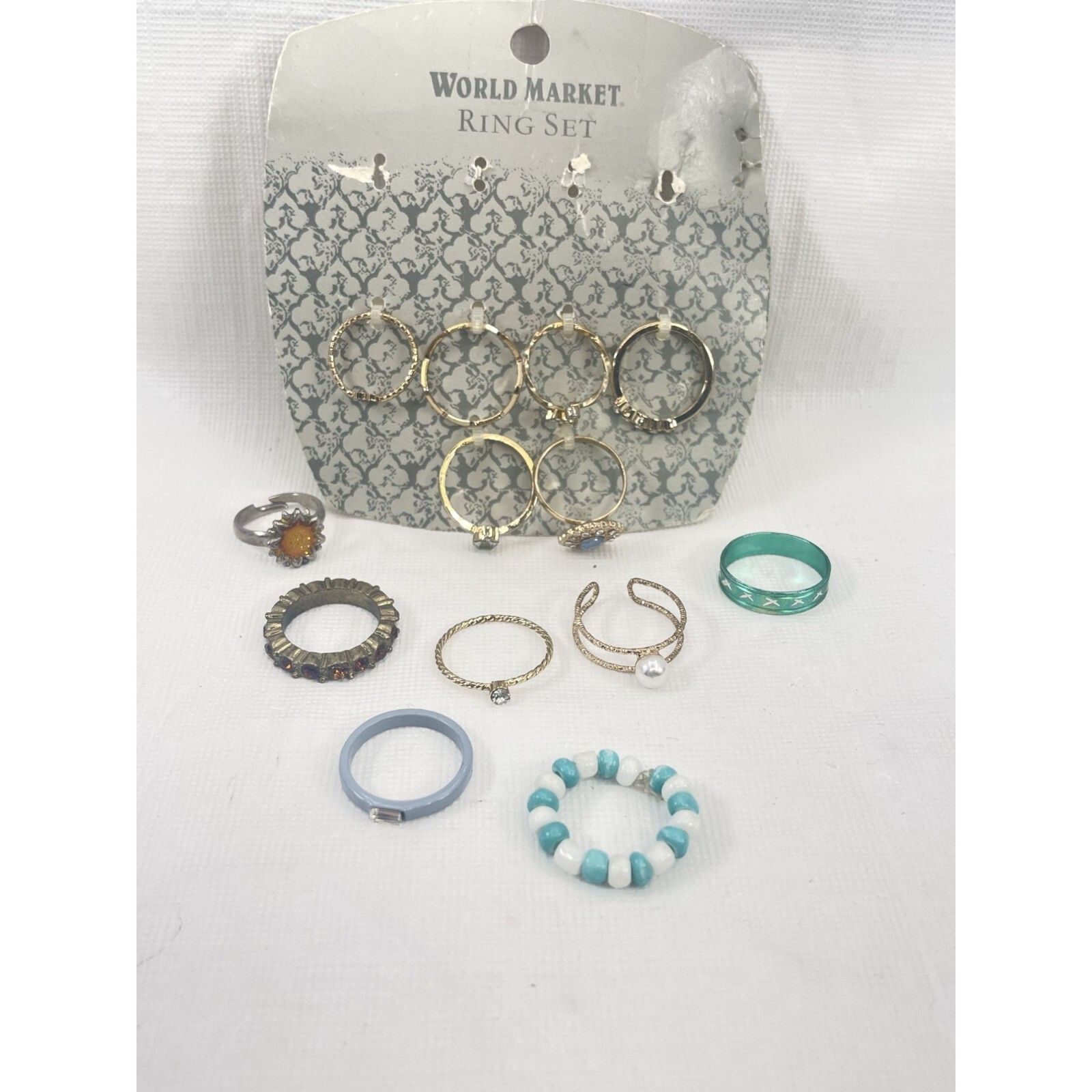 Lot of 13 World Market Ring Set Gold Tone w/ Rhinestones Pearl Beaded Jewelry