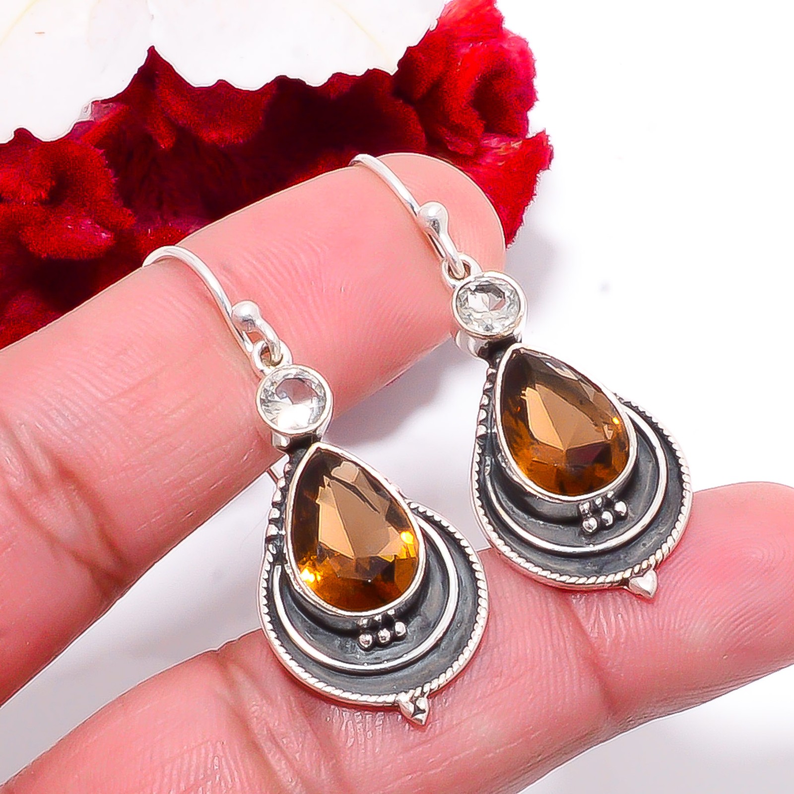 Smokey, White Topaz Oxidised 925 Sterling Silver Earring 1.76″ Sk10, Christmas