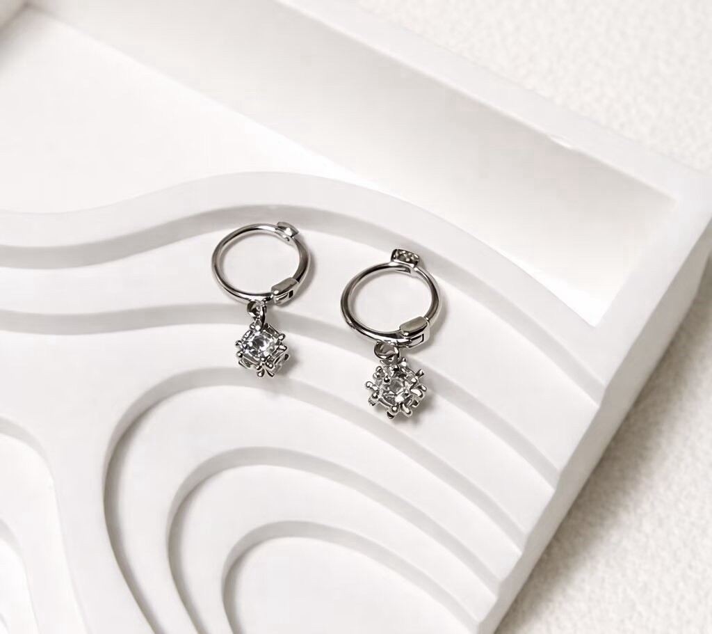 Silver Huggie Hoop Earrings with CZ Charm 925 Sterling Silver Posts For Women104