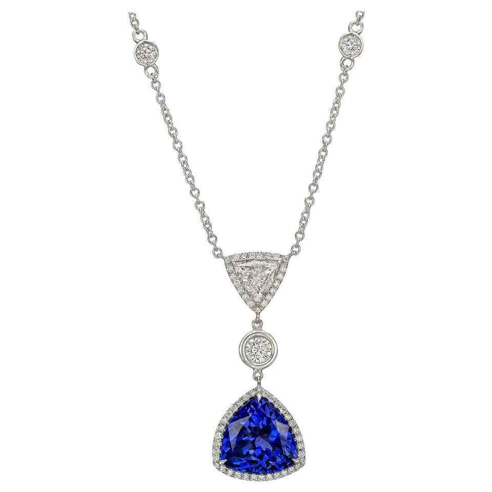 Trillion Cut Blue Tanzanite & White CZ 8.15 CT 925 SS Awesome Wonderful Pendant