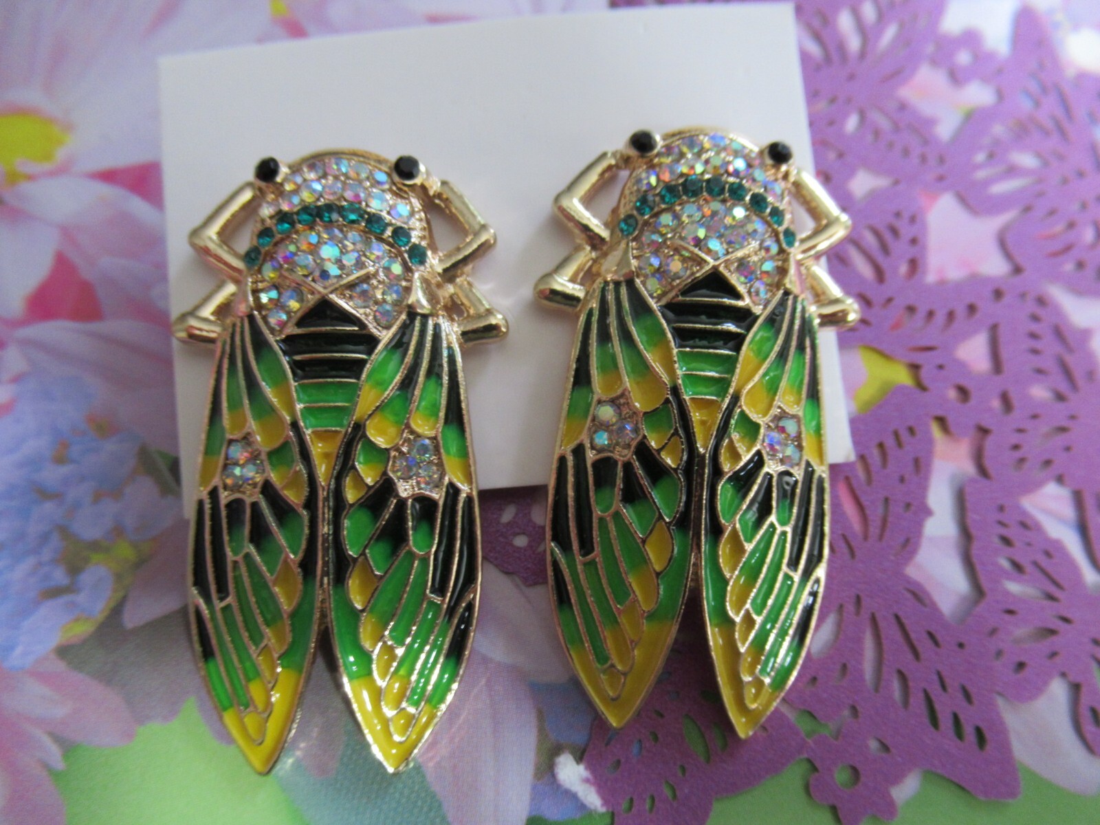 GOLD GREEN AND MULTICOLOR Locust Insect Rhinestone STUD Earrings-NEW