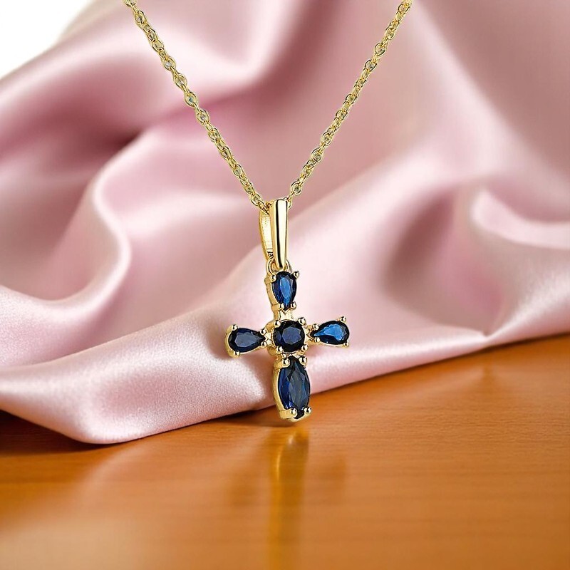 Fashion Cross Gold Plated Blue Zircon Pendant Necklace Jewelry Women & Men