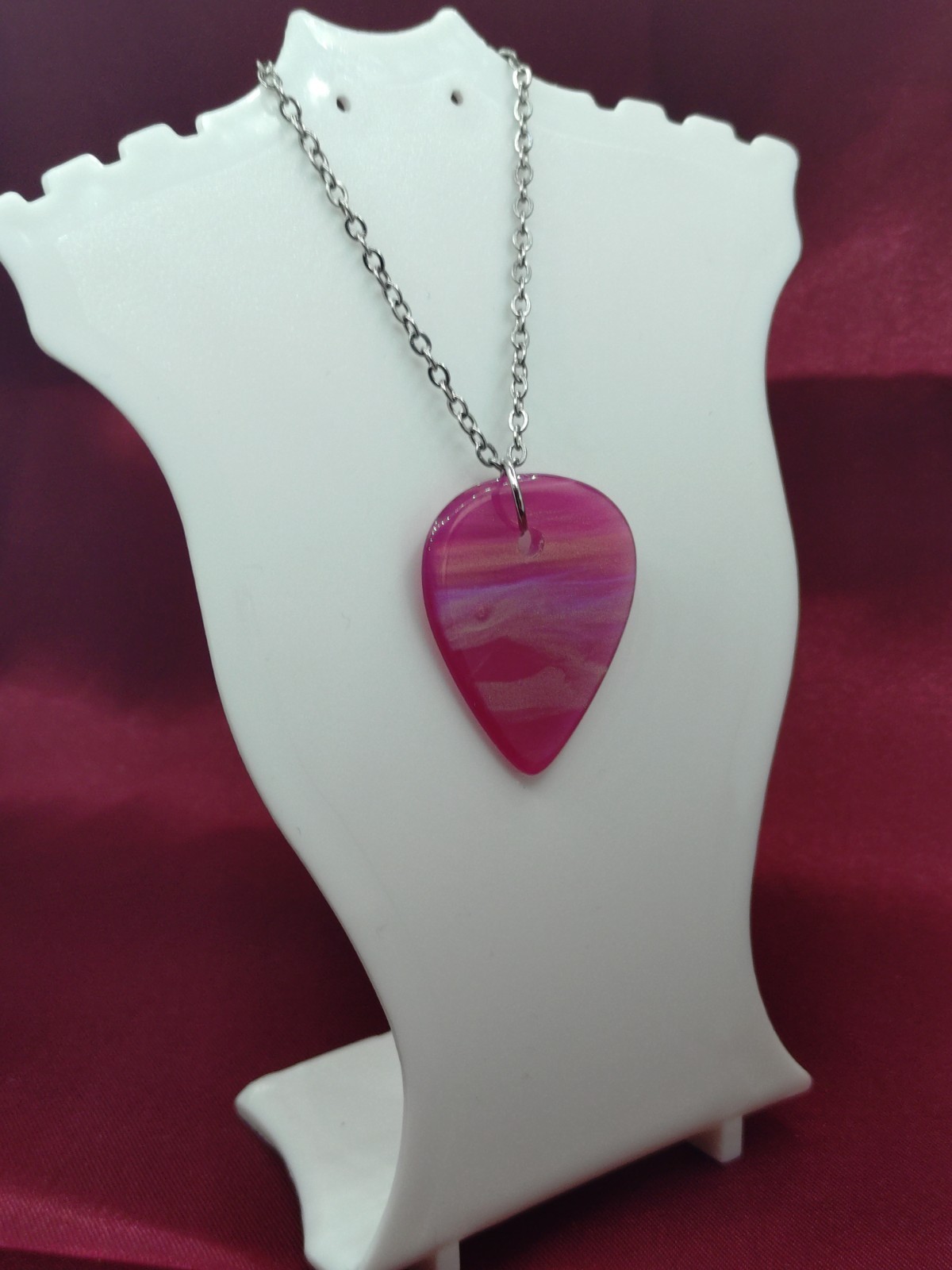 Guitar Pick Necklace Red Sands Colour Stainless Steel Chain 2.5mm Epoxy Pendant