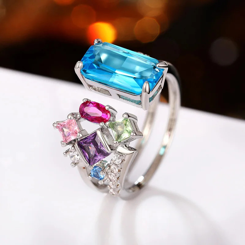 Colorful Geometric Band Ring Simulated Zirconia Silver Tone Adjustable Jewelry