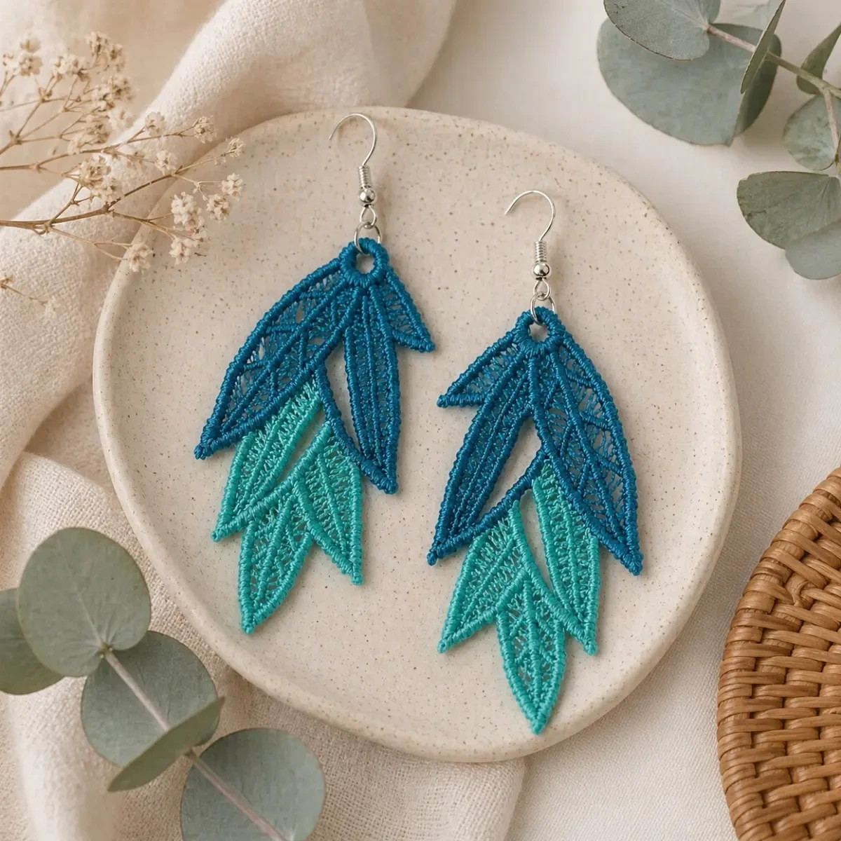 Beautiful Leaf Earrings Blue Turquoise Soft Threads Sea Sky 5.5×2.5cm Boho Gift!