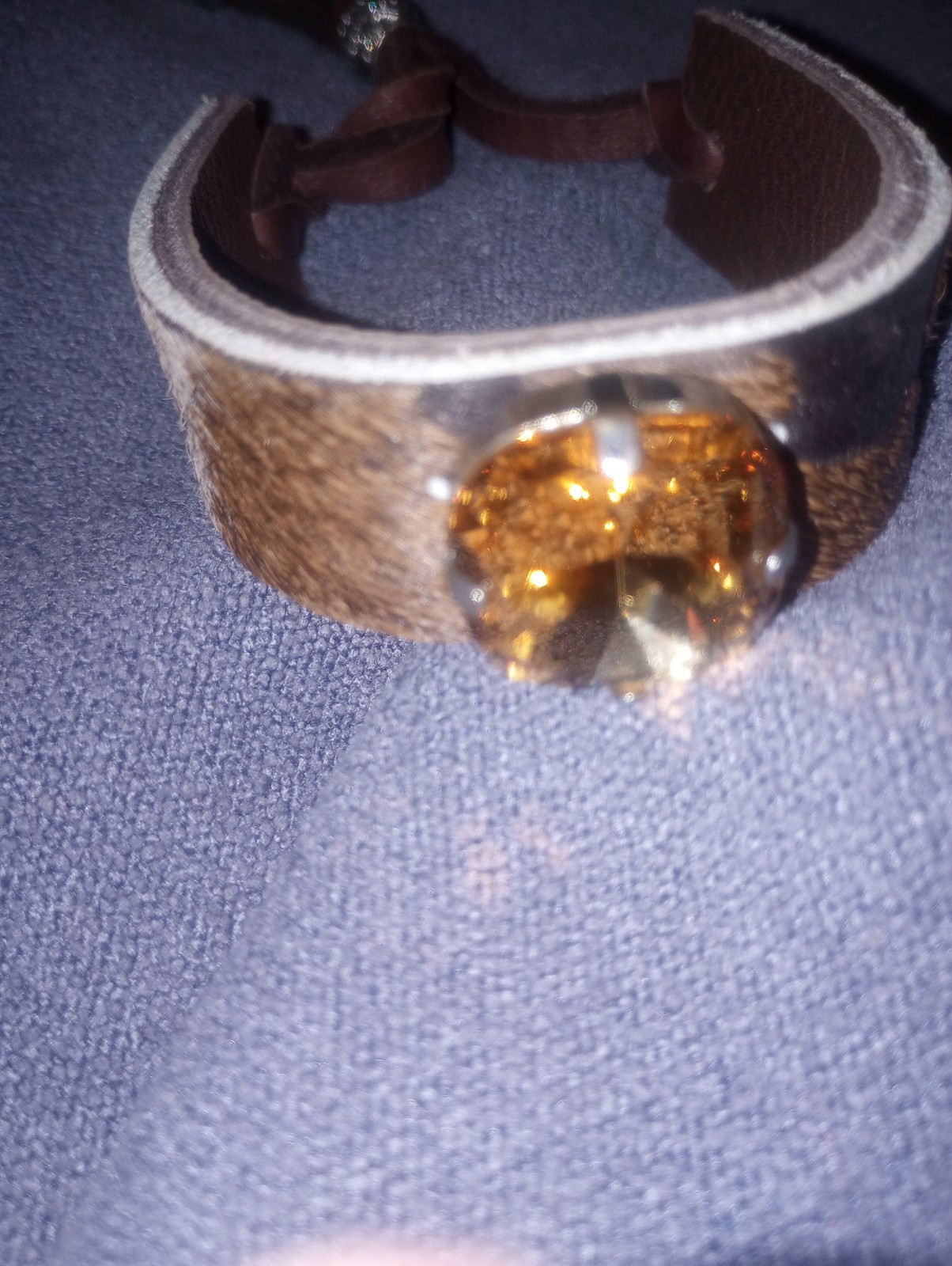 Western Leather Cuff Bracelet Adjustable Tie Cord with Round Brown Stone, Prong