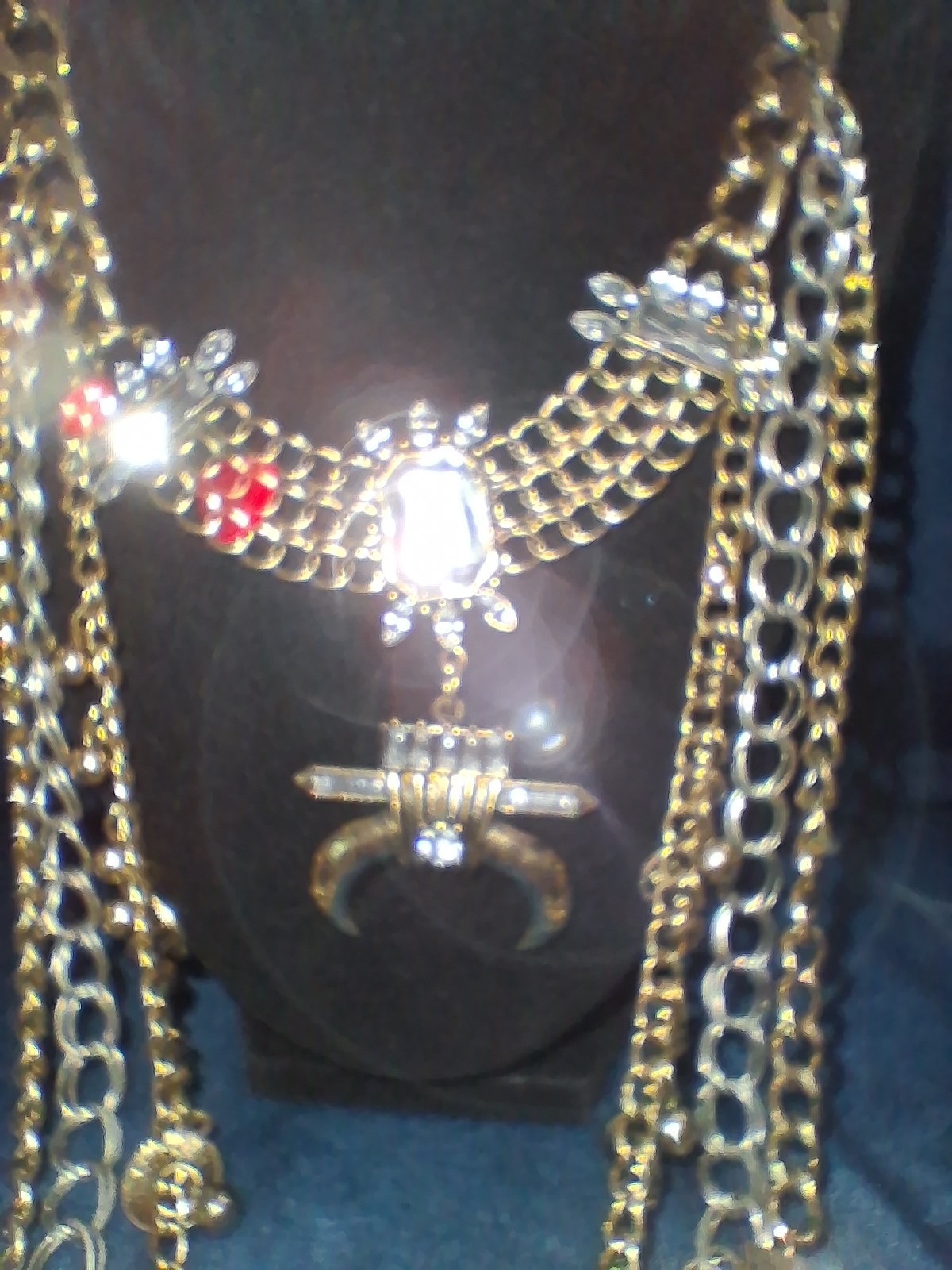 Gold Tone Layered Multi-Strand Statement Necklace Clear Rhinestone Crescent