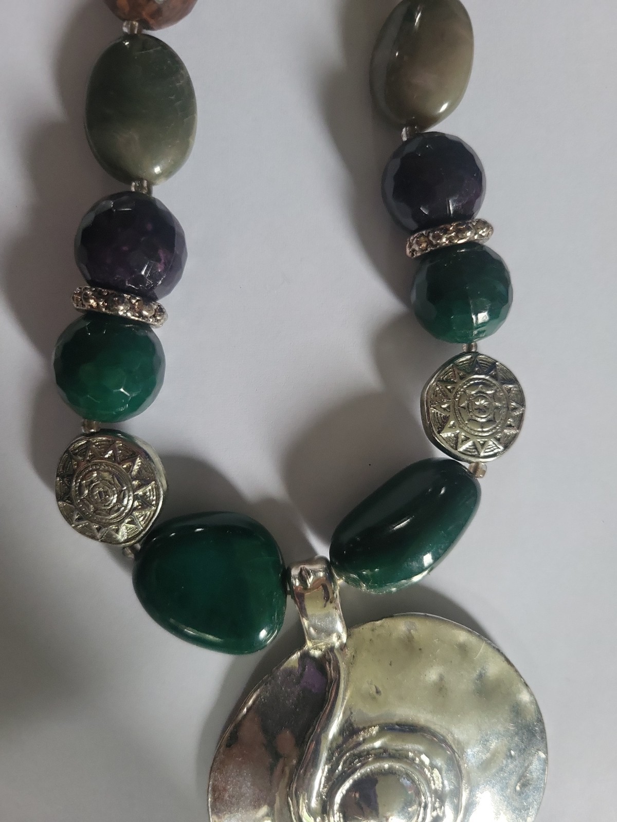 Gray,Green,Brown,Purple Agate Stone Necklace With Silver Accents And A Large…