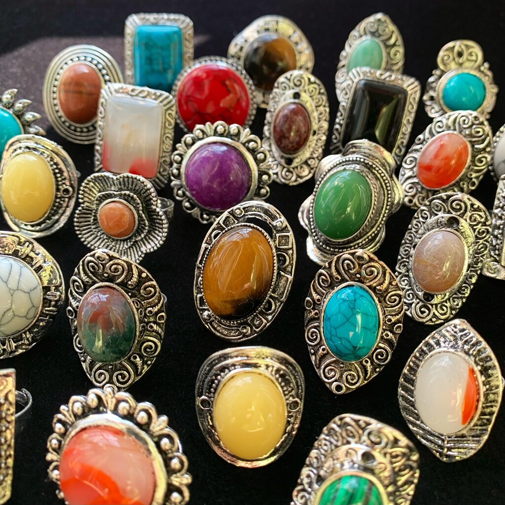 Wholesale 12pcs Big Natural Stone Vintage Rings Women Mix Antique Silver Jewelry