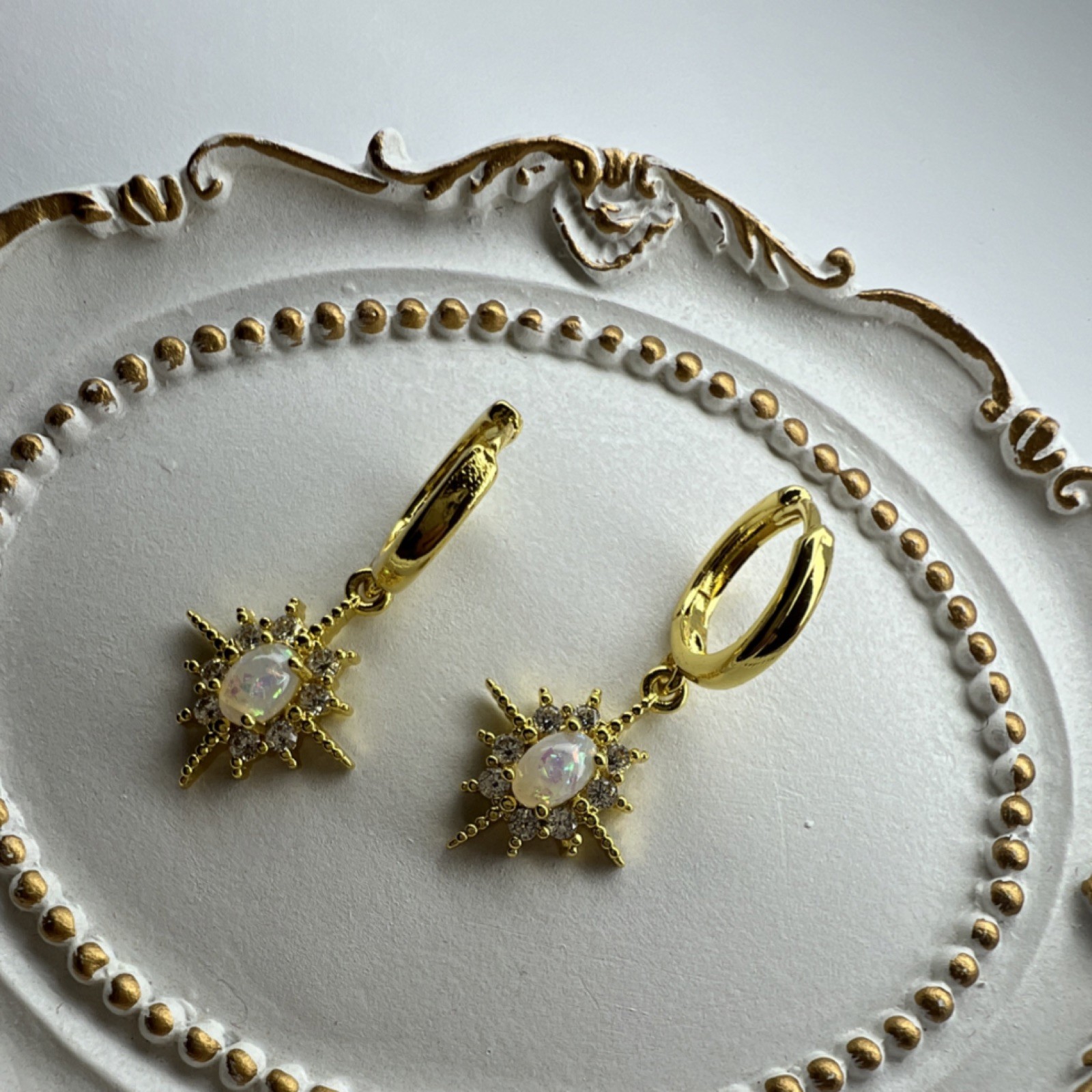 Gold Plated Star Opal Dangle Hoop Earrings, White Crystal, Prong Setting