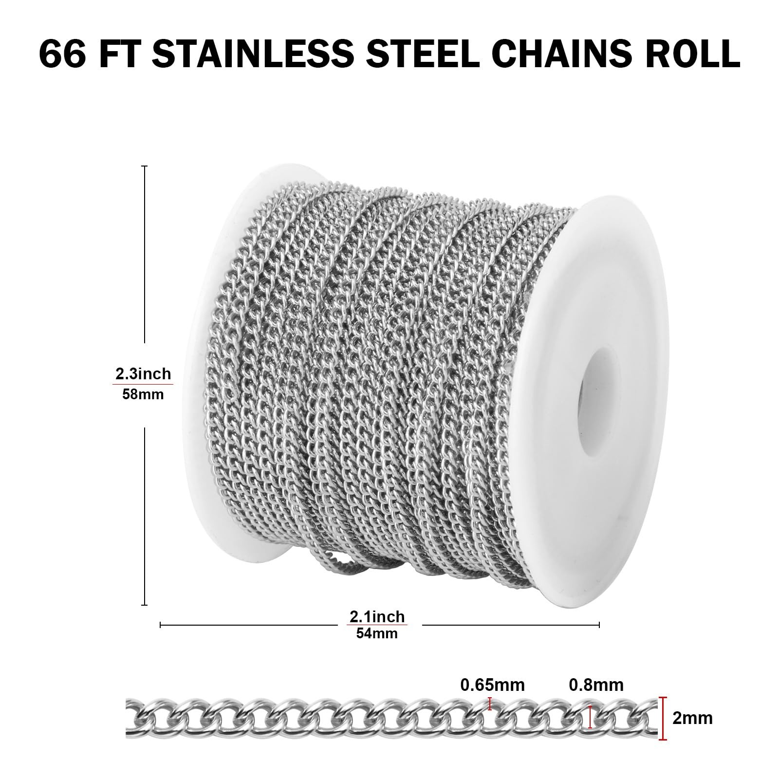 [66 FT] Stainless Steel Curb Chains Bulk for Jewelry Making, 2Mm 304 Stainless