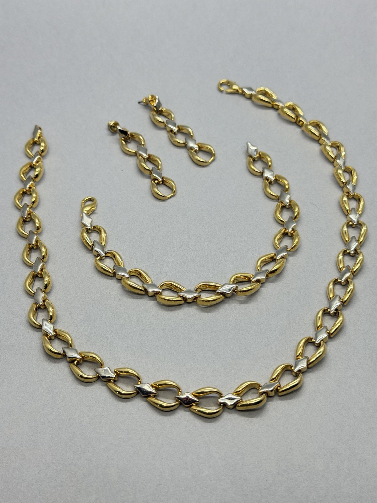Mixed Metal Gold Silver Tone Dimensional Open Link Necklace Bracelet Earring Set