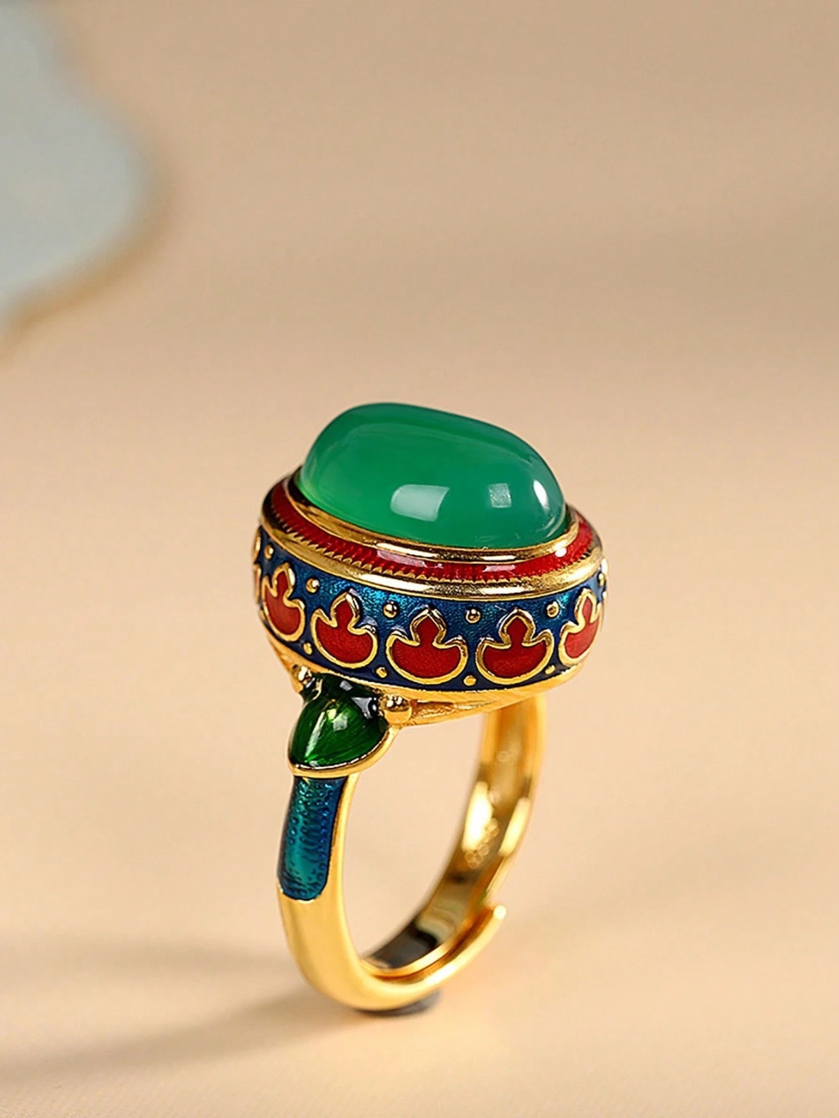 Women’s Vintage Simulated Ruby Ring Enamel Floral Boho Gold Statement Jewelry