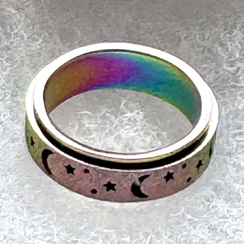 SPINNER FIDGET RING Iridescent Multicolor Engraved Moon & Stars Size 7