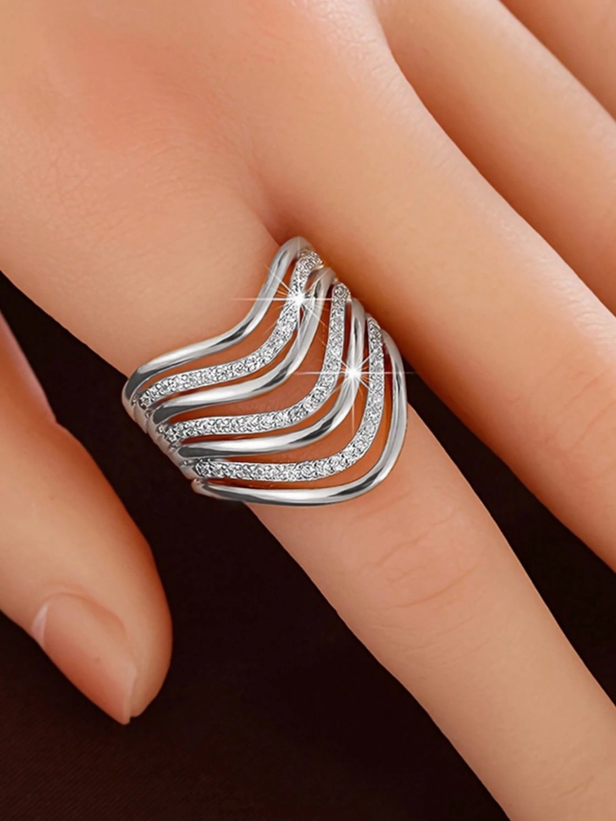 Elegant Cubic Zirconia Ring Wide Band Hollow Women’s Party Jewelry Gift for Her
