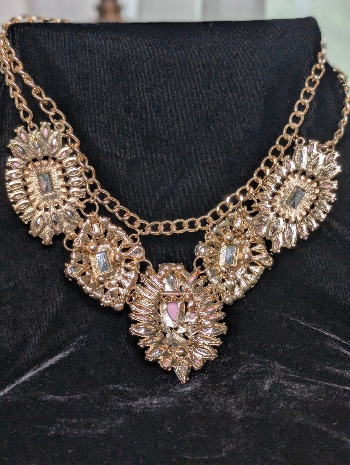 Pastel Rhinestone Statement Bib Necklace Romantic Coquette Glam Gold Feminine