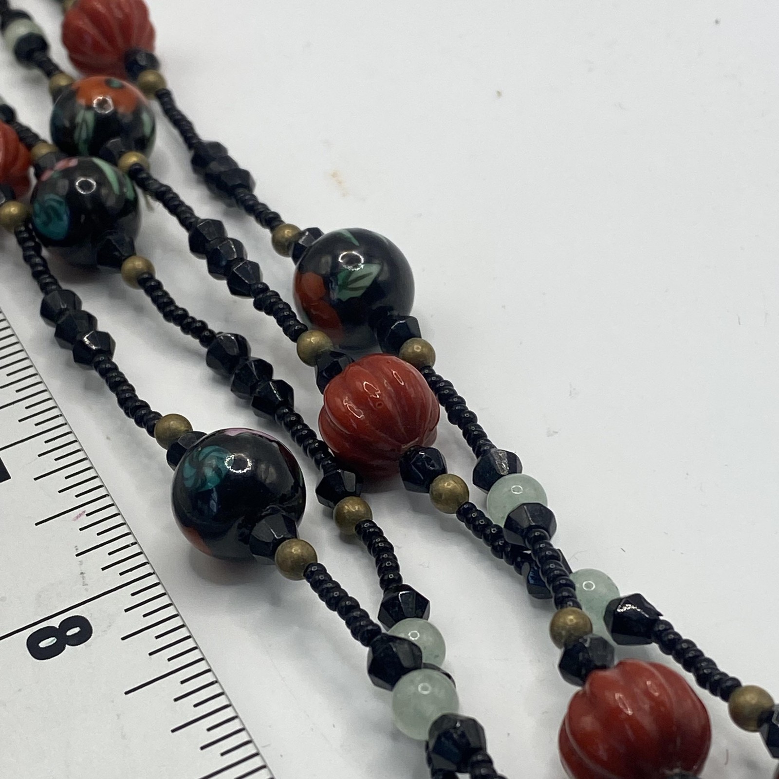 Black Glass Beaded Station Necklace Floral Multicolor Lampwork 50 In Jewelry