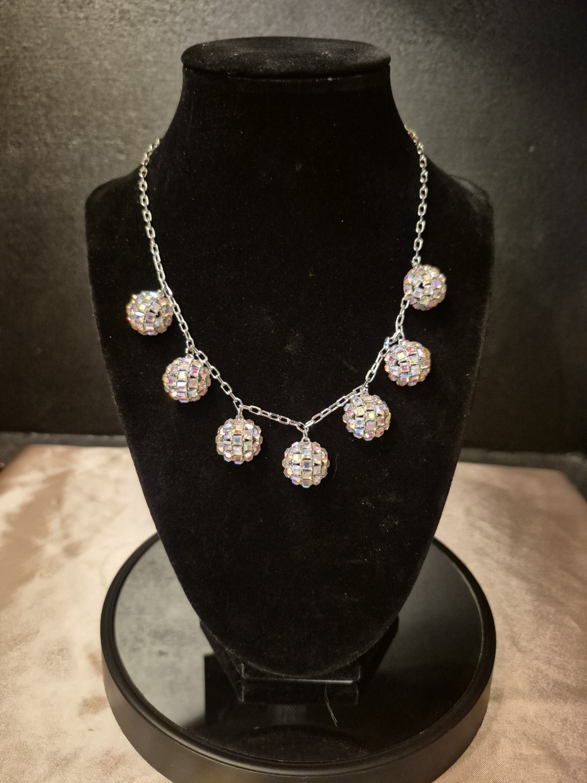 NEW! INC DISCO BALL SILVER/IRIDESCENT CRYSTAL STATEMENT NECKLACE (996)