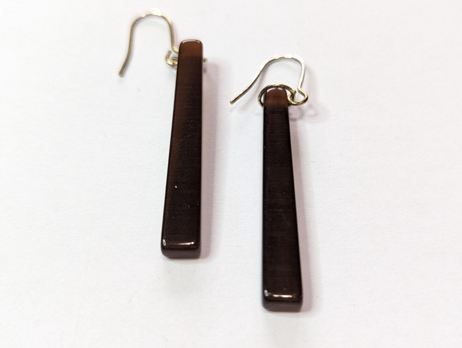 Dark Brown Glass Bar Dangle Drop Earrings 2 1/8″ Long Gold Tone