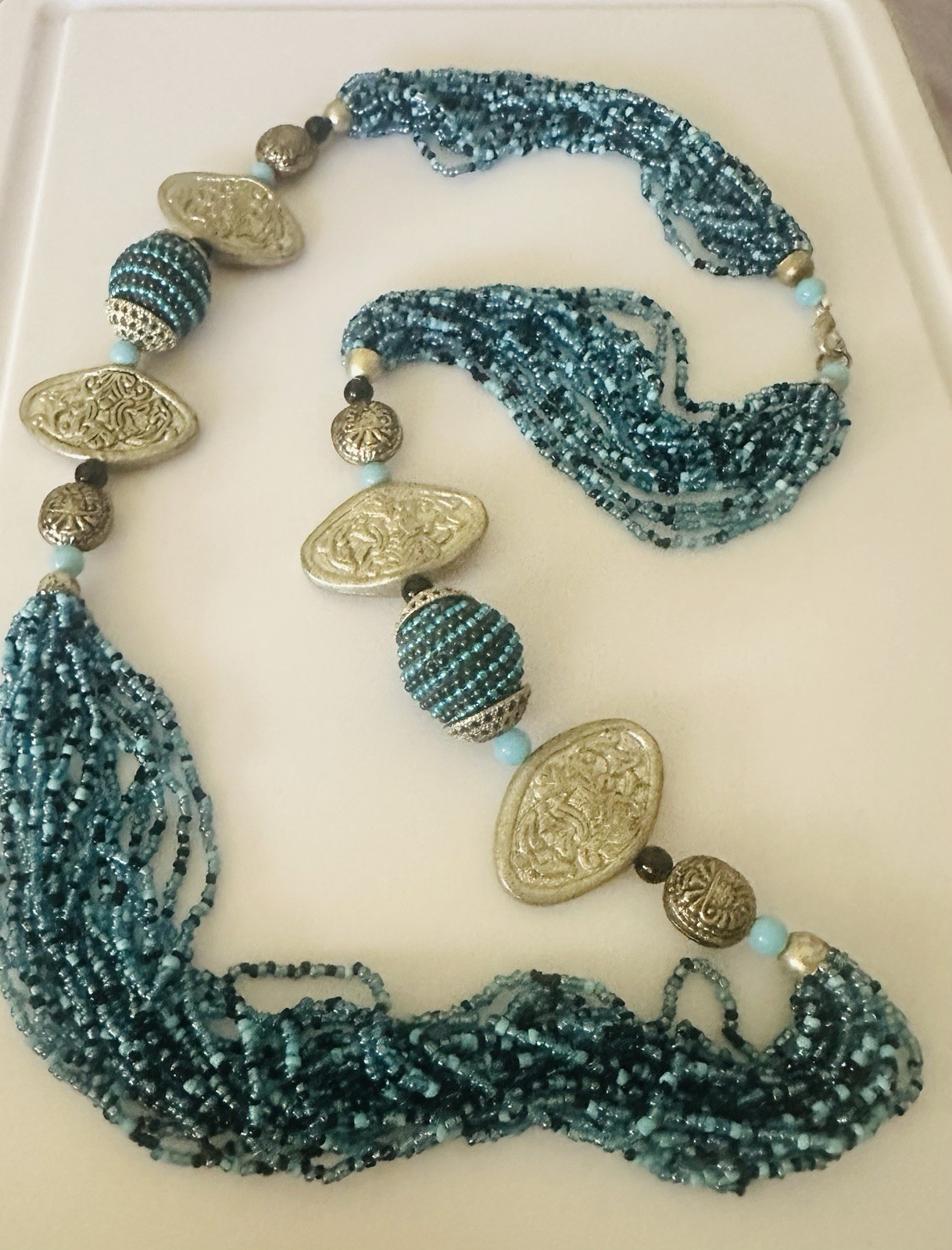 Multi Strand Blue Seed Bead 36 In Statement Necklace Silver Tone Artisan Boho