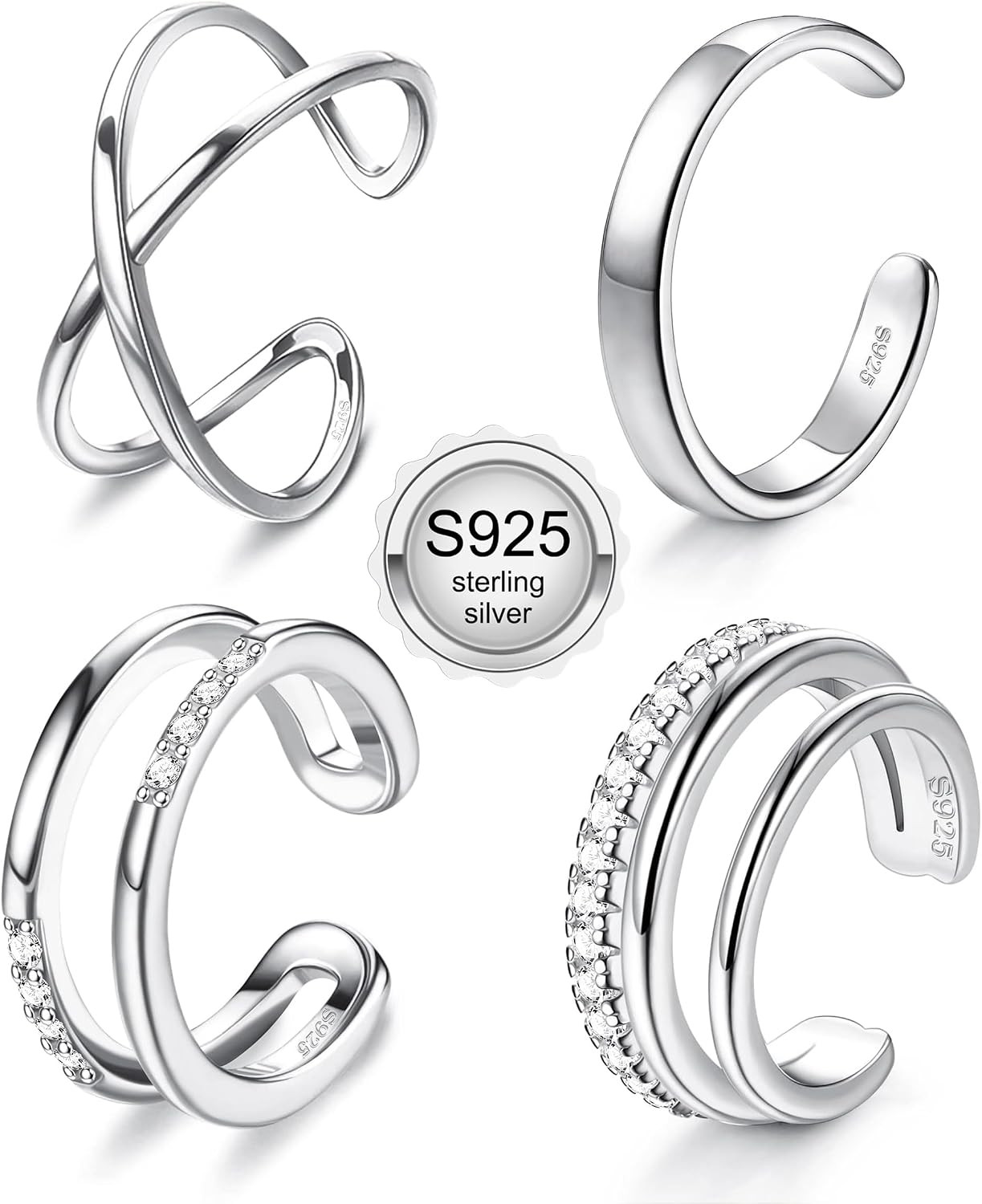 4 Pcs 925 Sterling Silver Ear Cuff for Women Non Piercing Adjustable Ear Cuff Ea