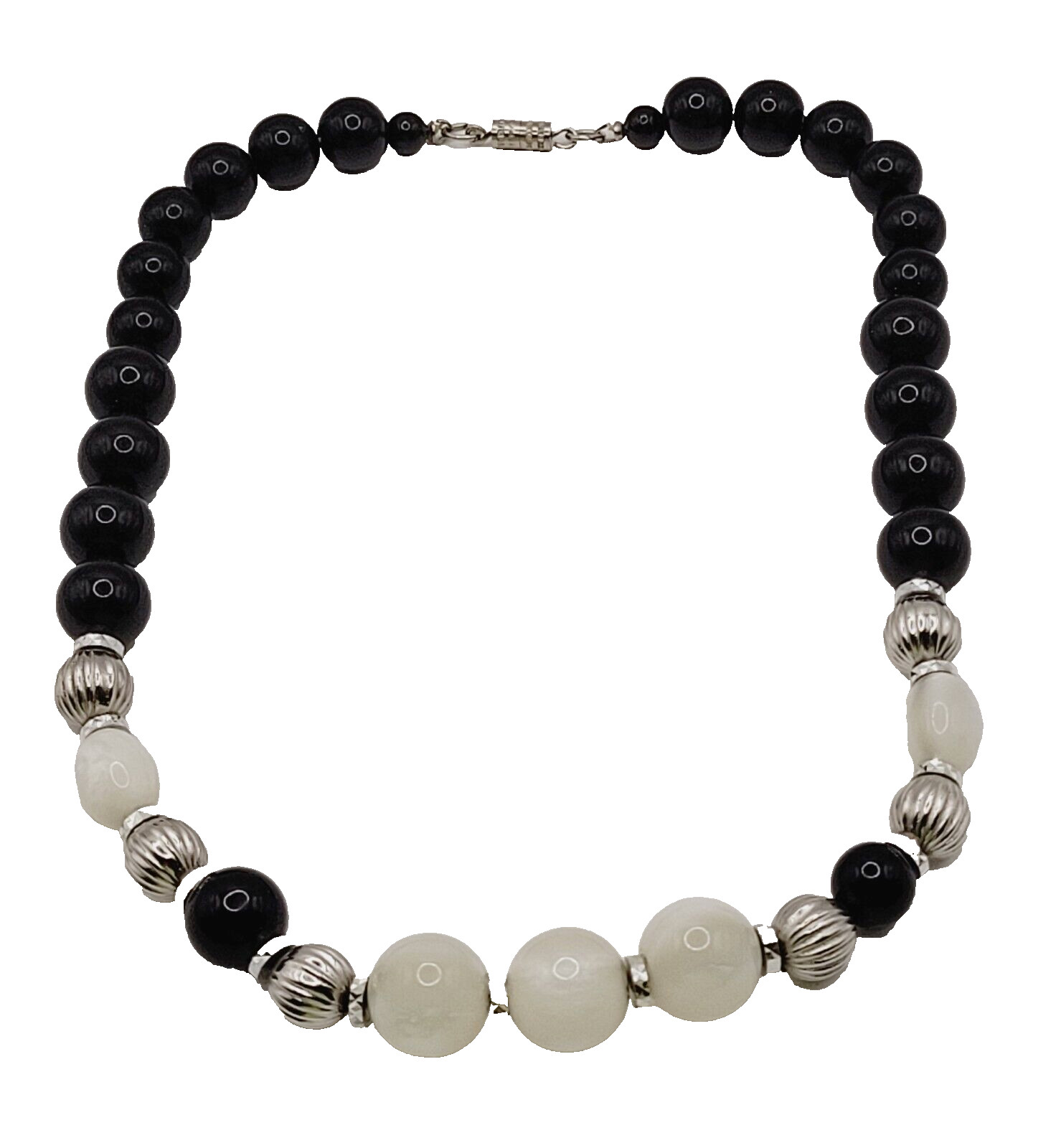 1928 Graduated Black and White Lucite Glow Beaded Necklace Silver Tone Unmarked