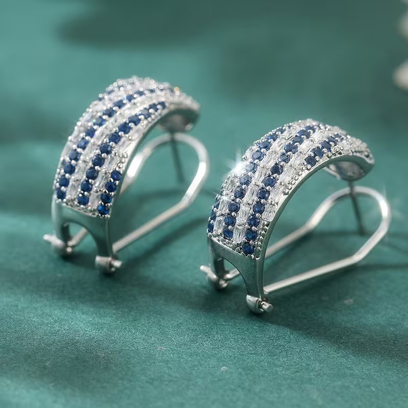 Round Cut Simulated Blue Sapphire Omega Back Hoop Earring 14K White Gold Plated