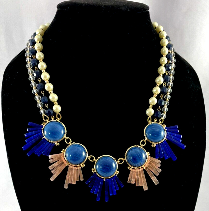 TALBOTS Blue Cabochon Triple Strand Faux Pearl Resin Faceted Crystal Necklace