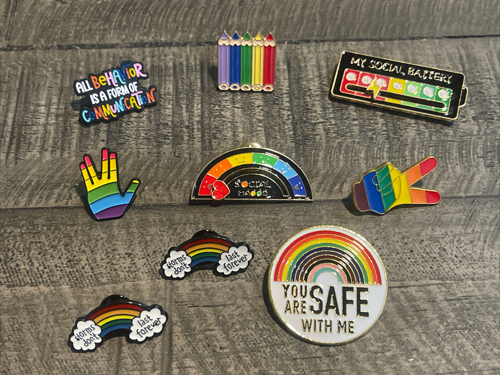 LGBTQ Pride Rainbow Enamel Pin Brooch Lot Of 9 Social Battery Safe Peace Social