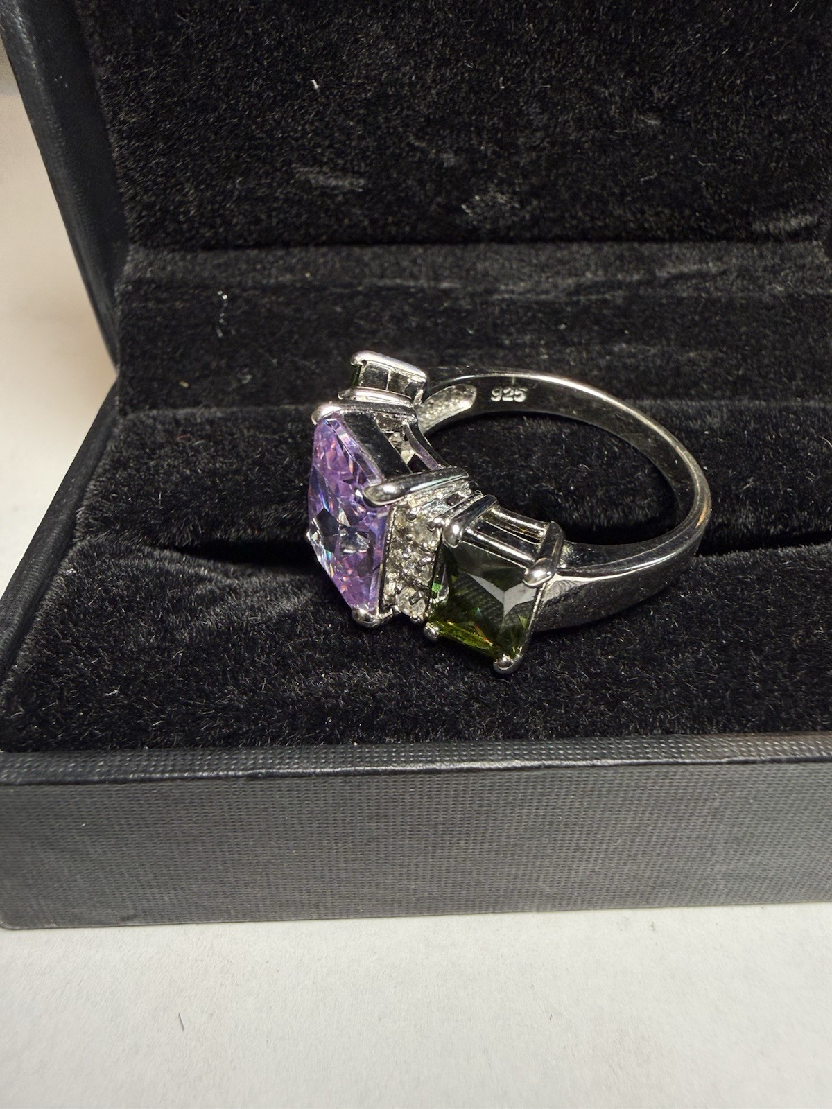 925 Sterling Silver Cocktail Ring Purple Square Center Stone Green Sides Sz 10