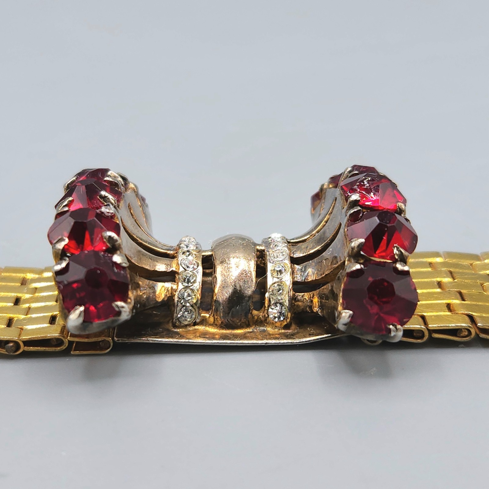 Unsigned Reinad Retro 12K GF Red Paste Crystal Brick Link Cuff Bracelet 6.5″