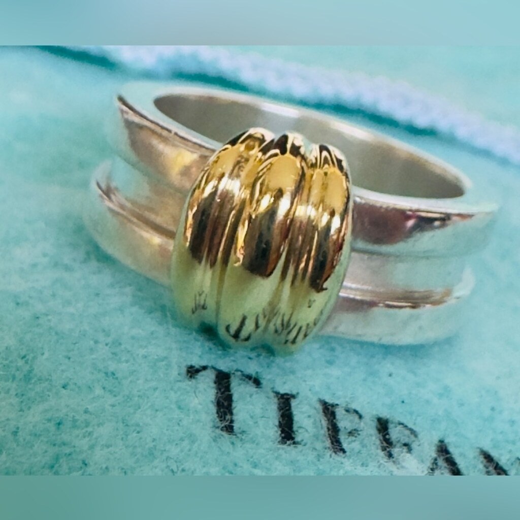Vintage TIFFANY & Co. Ring Grooved Sterling Silver With K18 Yellow Gold Size 6.2