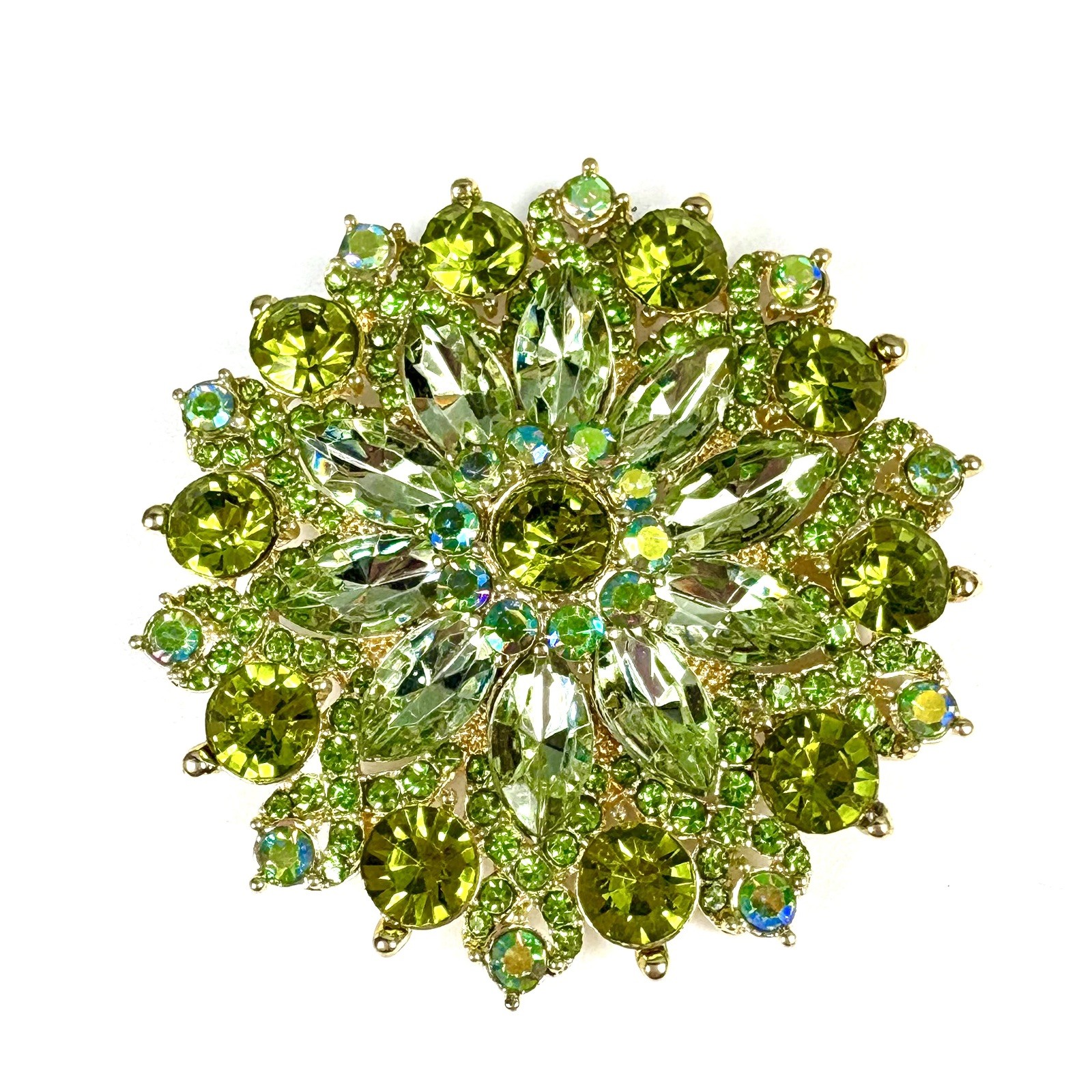 Lime Green Rhinestone Pin Brooch Large Round Vintage Inspired