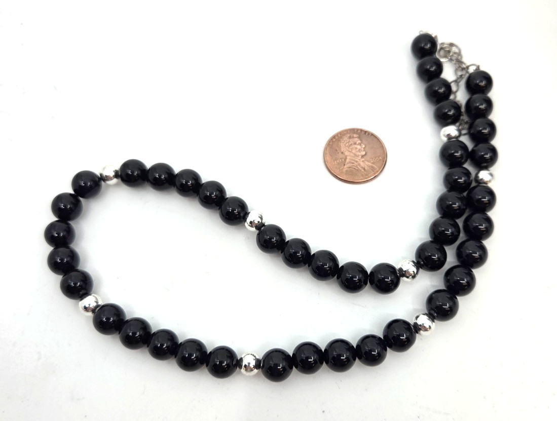 Black Onyx 8.5 mm and 925 sterling silver Beaded Ball Chain Necklace 18 inch