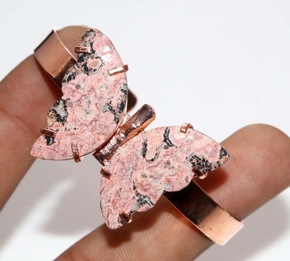 Copper Plated Huge Butterfly Leopard Skin Jasper Bangle FreeSize Trendy GW
